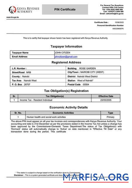 Downloadable Kenya taxpayer certificate Word and PDF template